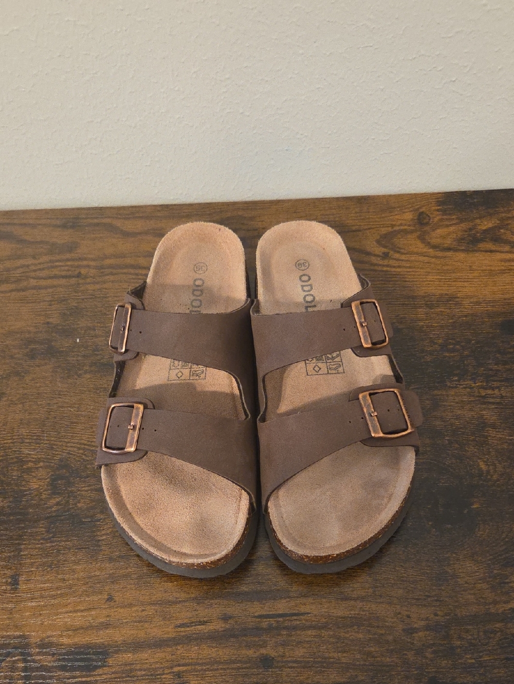 odoly Brown Double-Buckle Slide Sandals